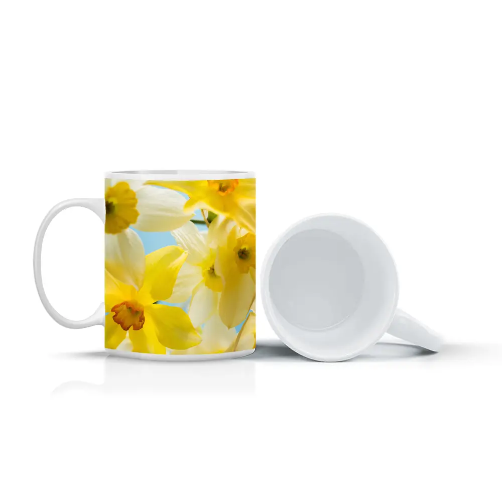 Yellow White Daffodils Blue Sky Background – Mugs