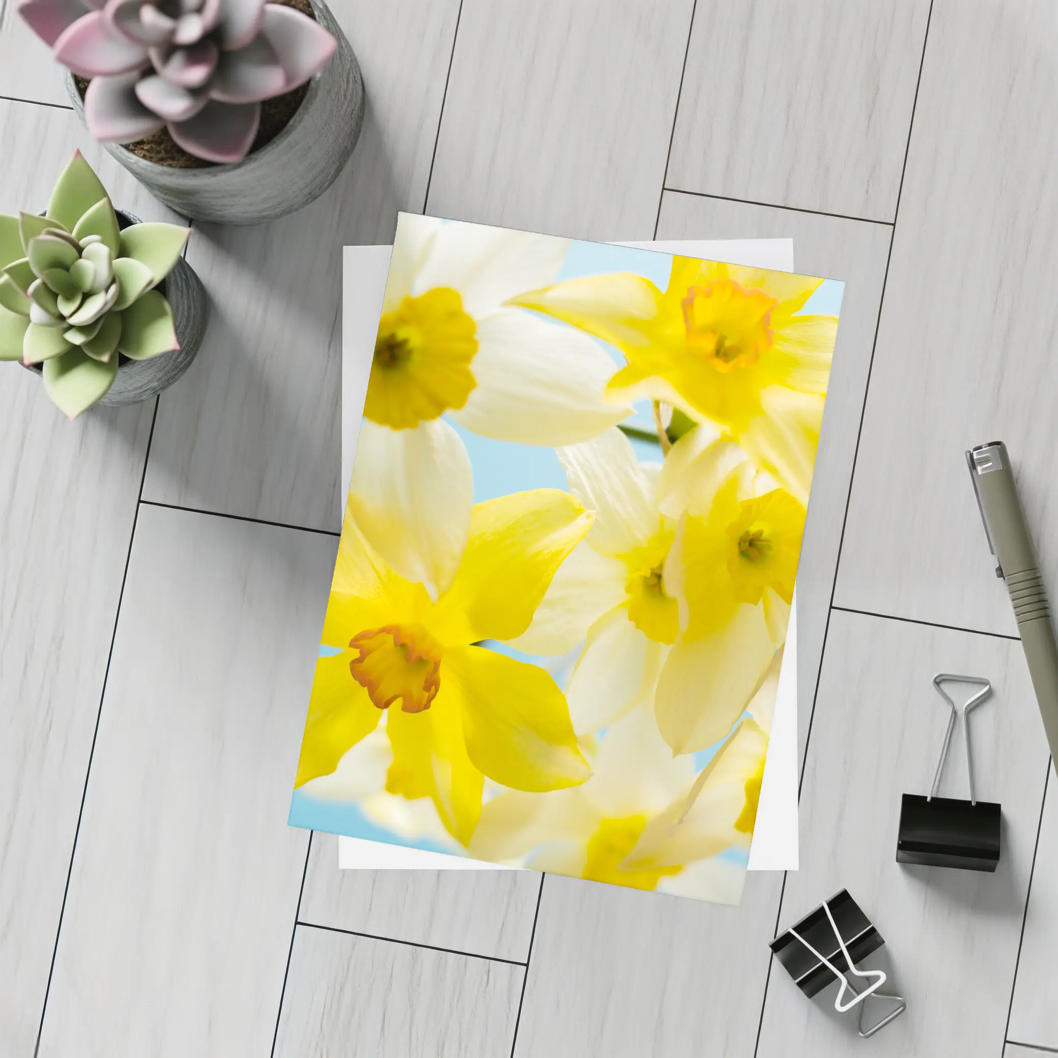 Yellow White Daffodils Blue Sky Background – Postcards