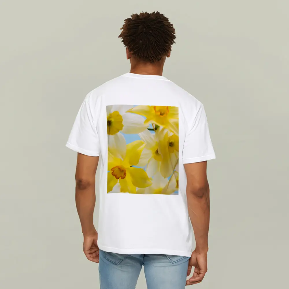 Yellow White Daffodils Blue Sky Background – T-Shirts