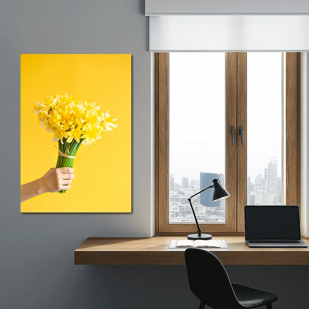 Yellow Daffodils Bouquet On Yellow Background – Wall Art