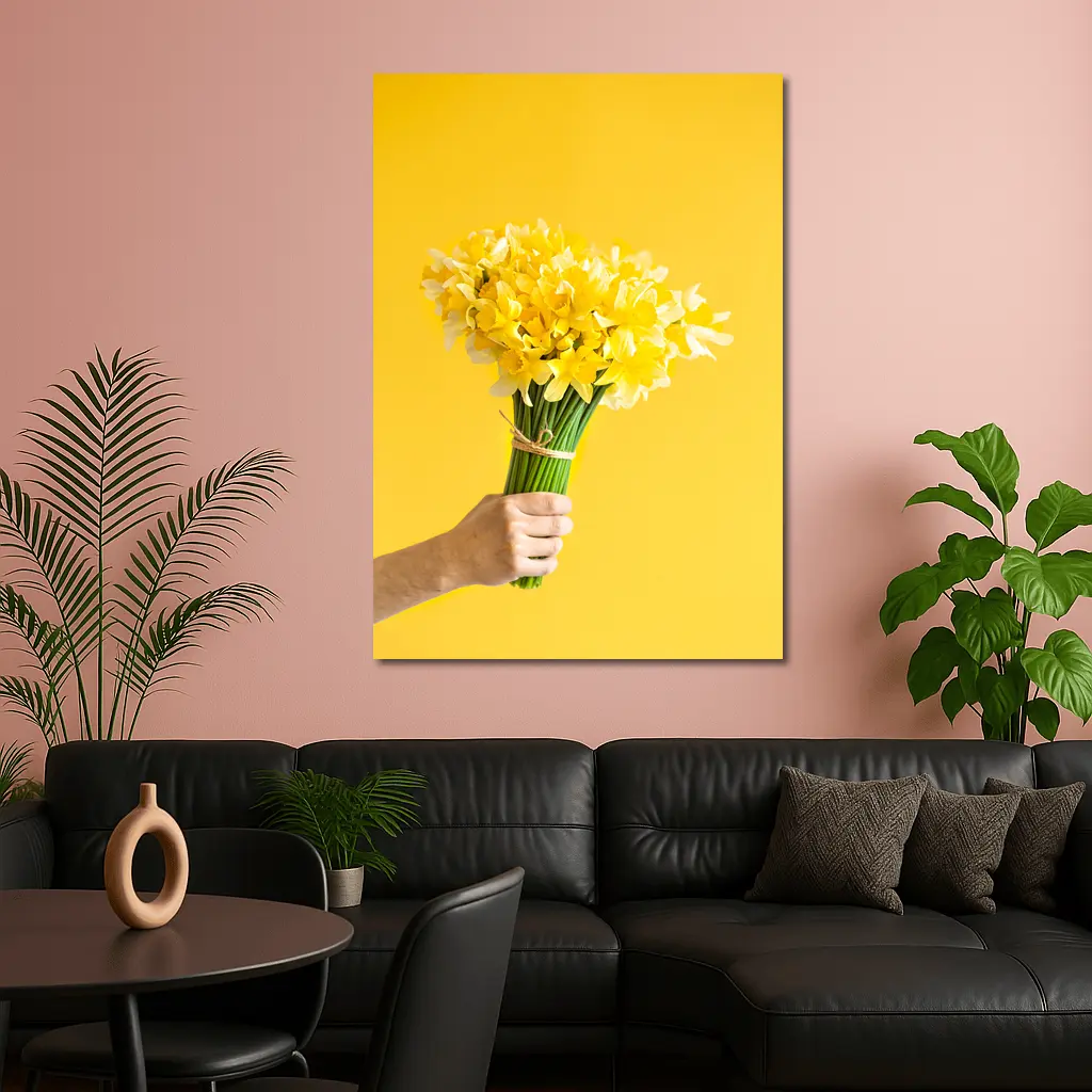 Yellow Daffodils Bouquet On Yellow Background – Wall Art