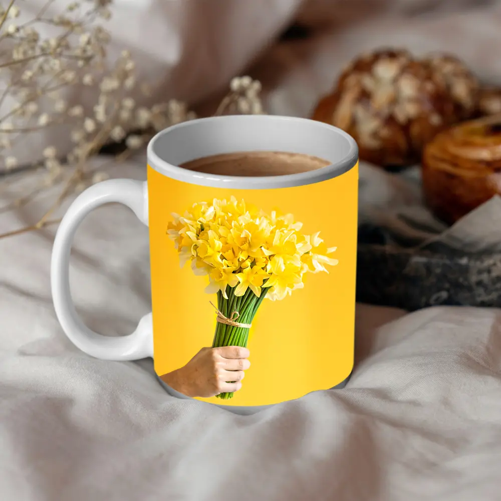 Yellow Daffodils Bouquet On Yellow Background – Mugs