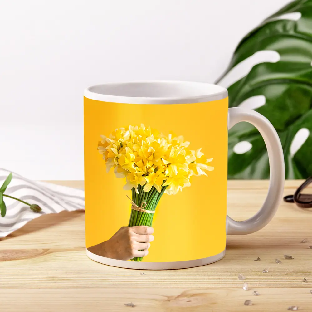Yellow Daffodils Bouquet On Yellow Background – Mugs