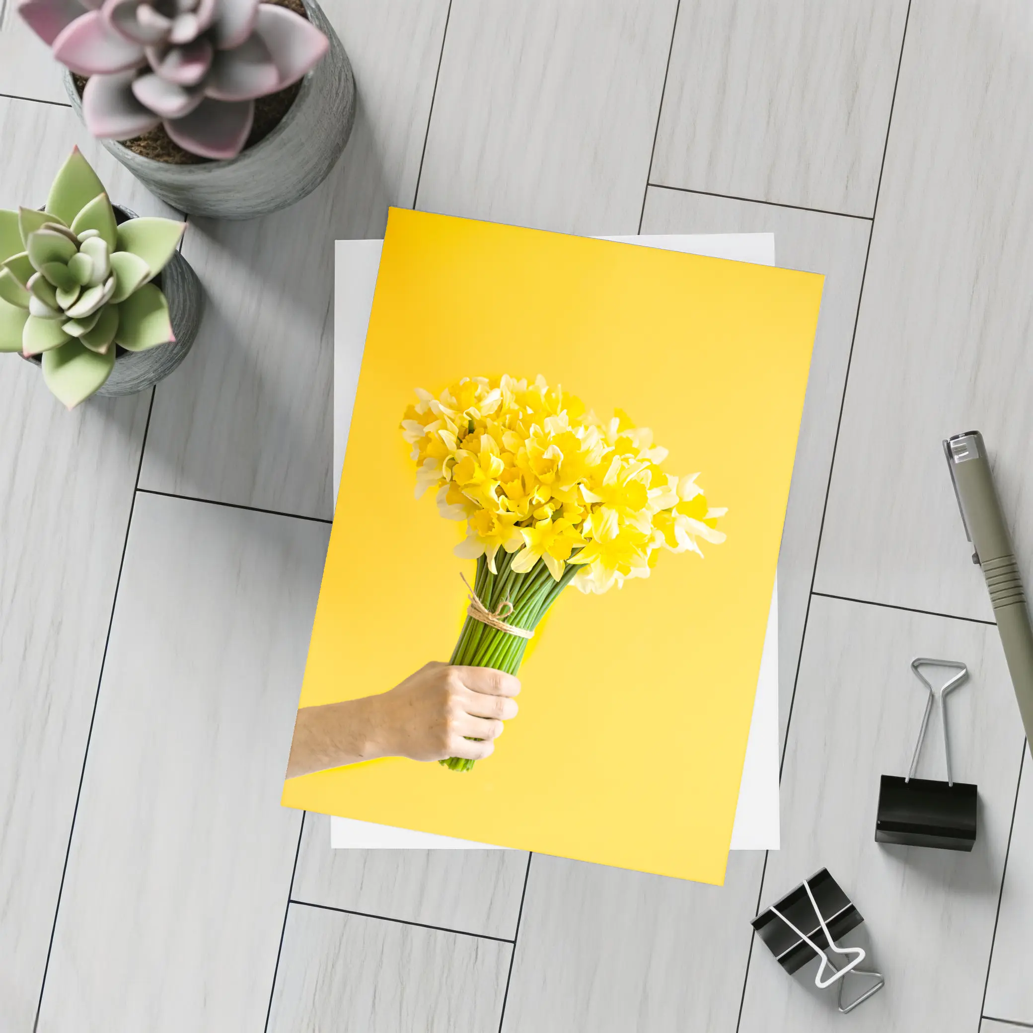 Yellow Daffodils Bouquet On Yellow Background – Postcards