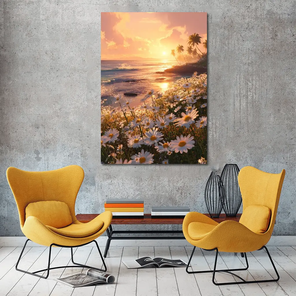 Daisy Field Beach Sunset Palm Trees – Wall Art