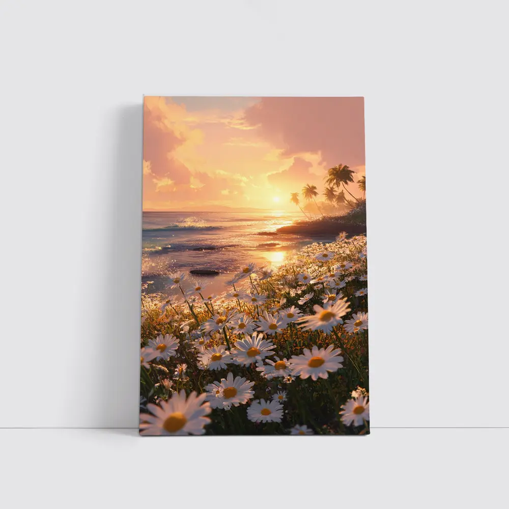 Daisy Field Beach Sunset Palm Trees – Wall Art