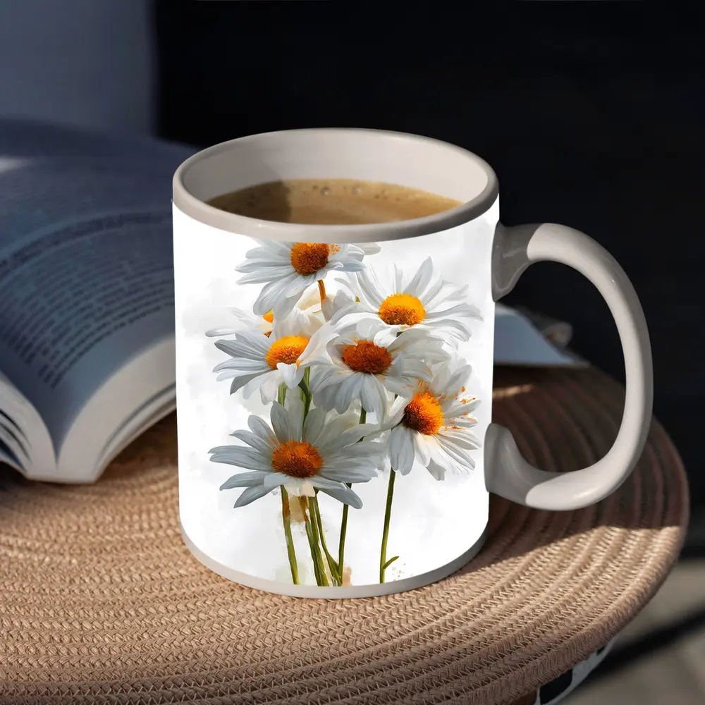 White Daisy Bouquet Watercolor Art White Background – Mugs