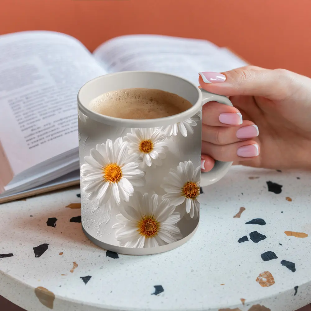 White Daisies Scattered On Textured Background – Mugs