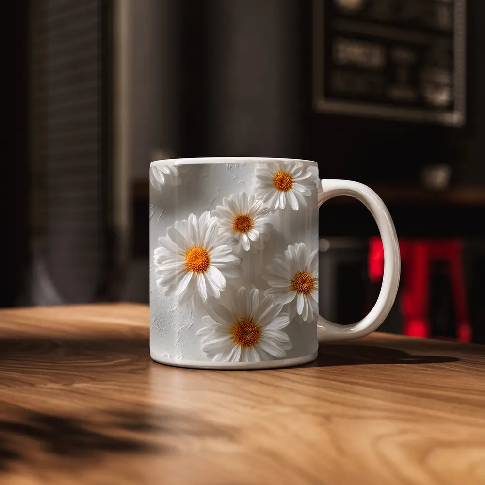 White Daisies Scattered On Textured Background – Mugs