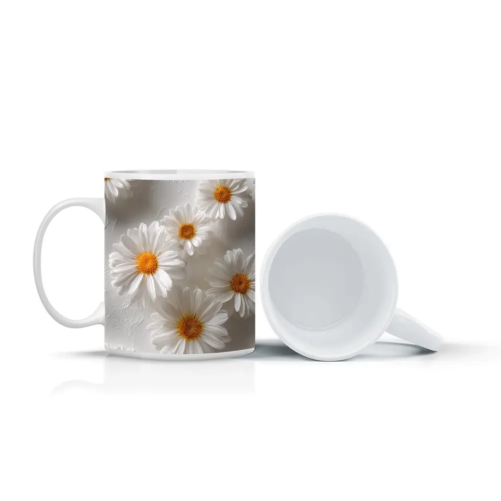 White Daisies Scattered On Textured Background – Mugs