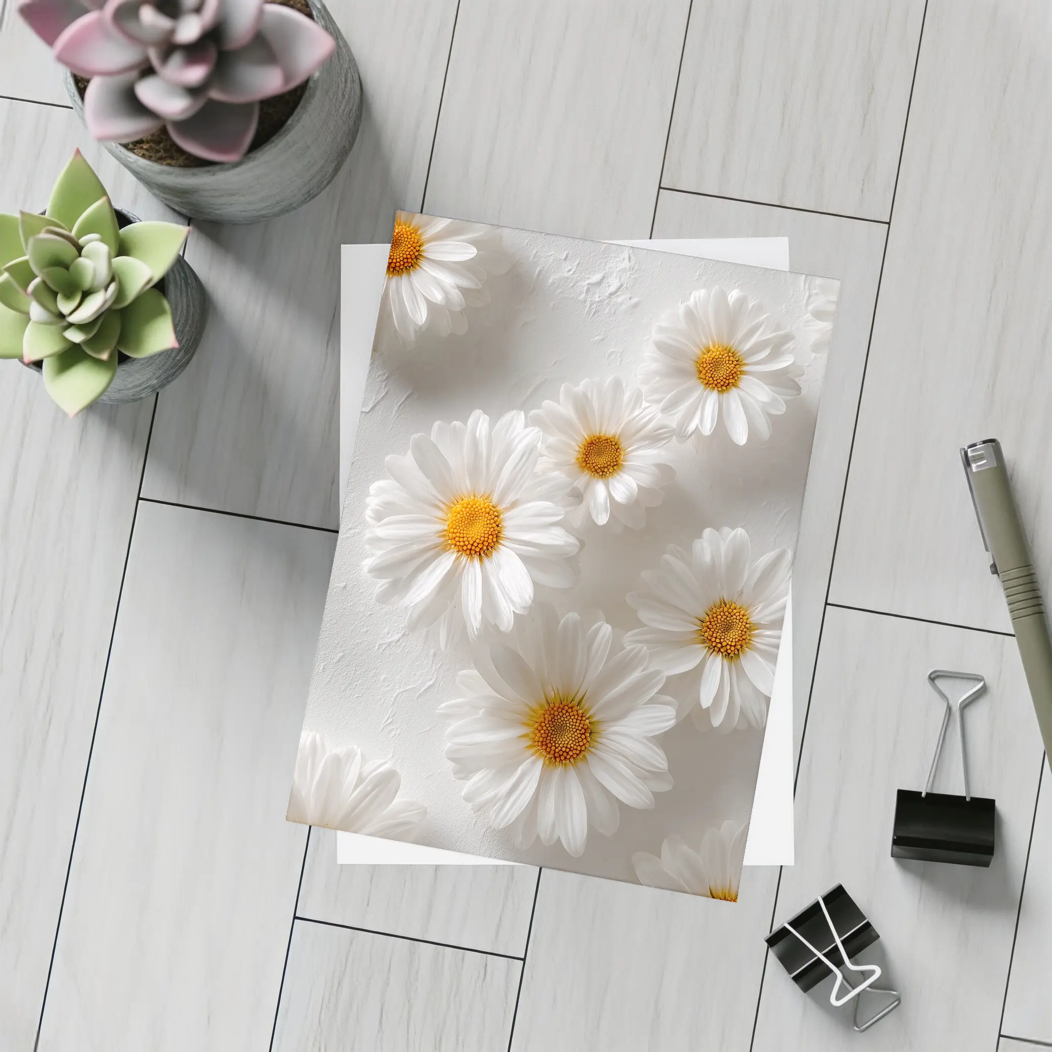 White Daisies Scattered On Textured Background – Postcards