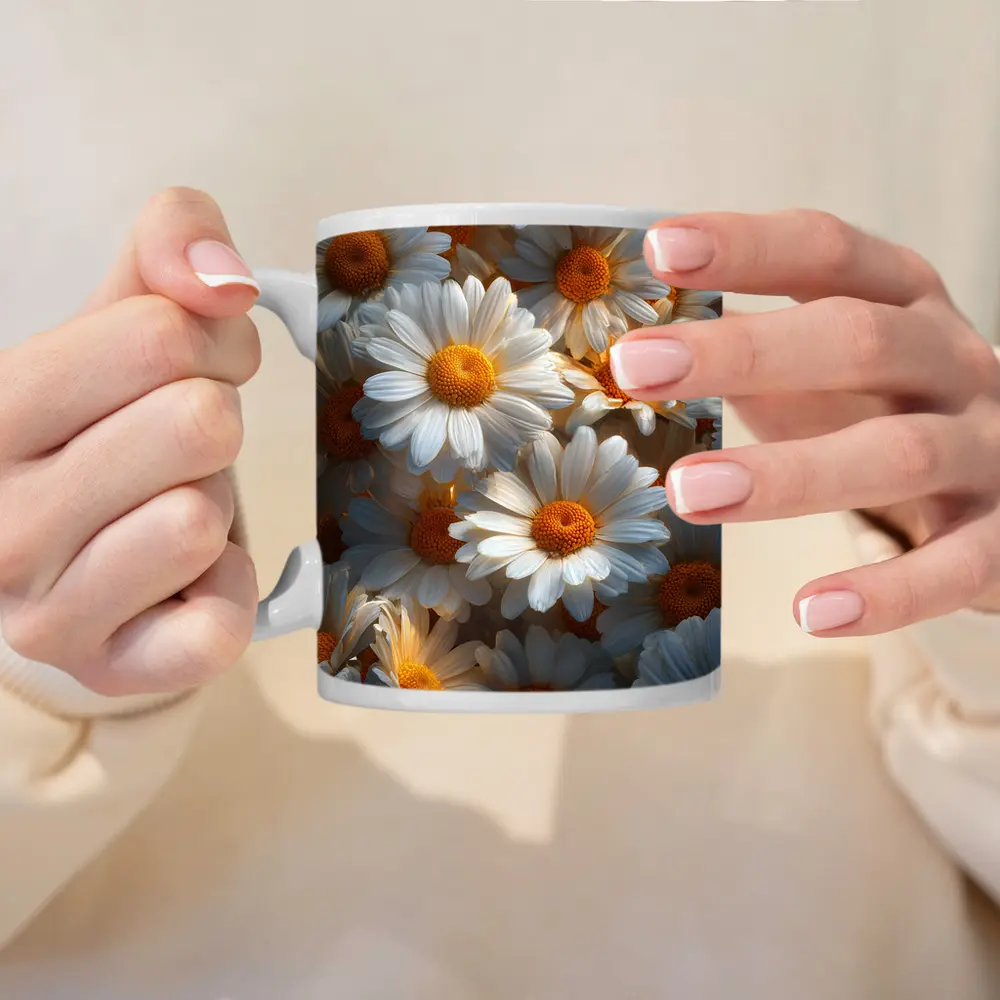 White Daisy Flowers Golden Centers Close Up – Mugs