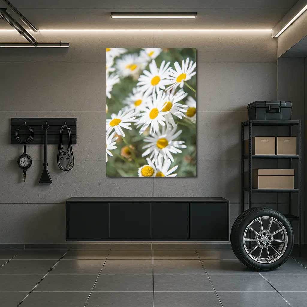 White Daisy Flowers Green Garden Background – Wall Art