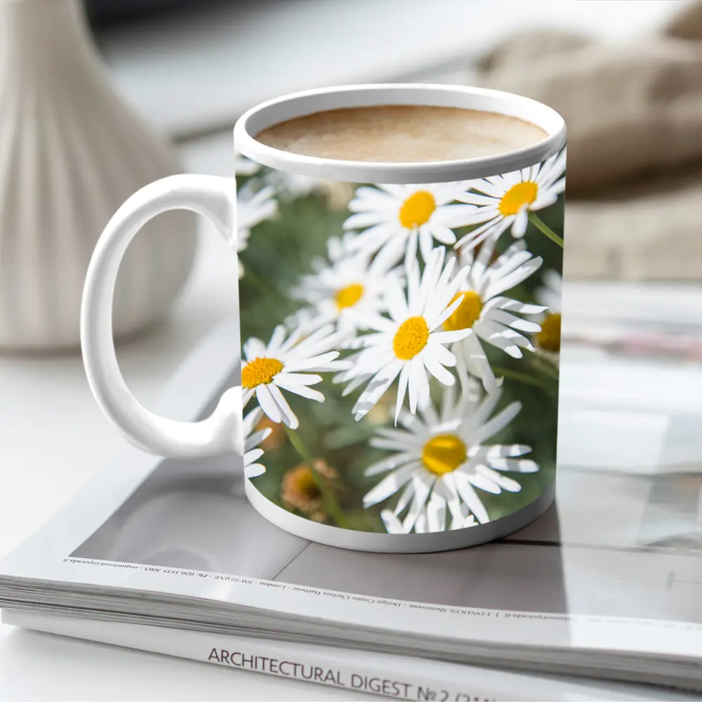 White Daisy Flowers Green Garden Background – Mugs