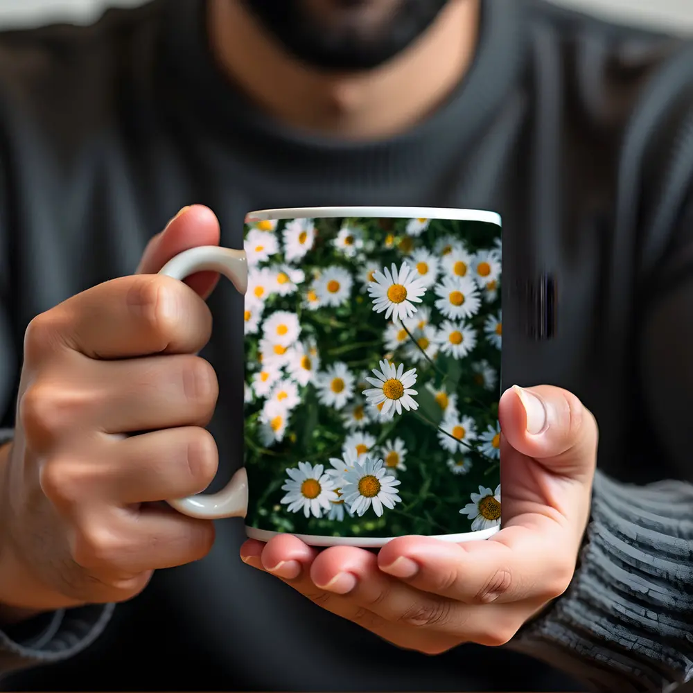 White Daisies Blooming Over Green Garden – Mugs