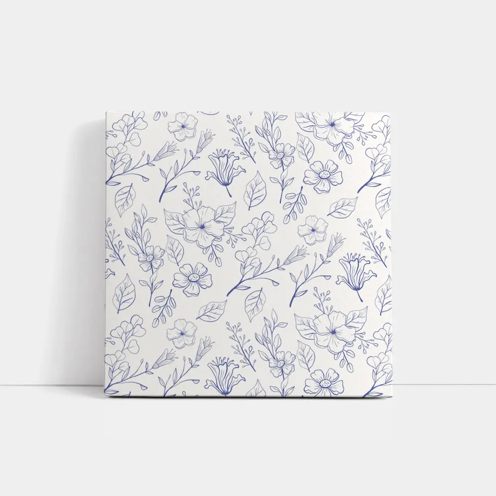 Blue Line Art Floral Pattern White Background – Wall Art