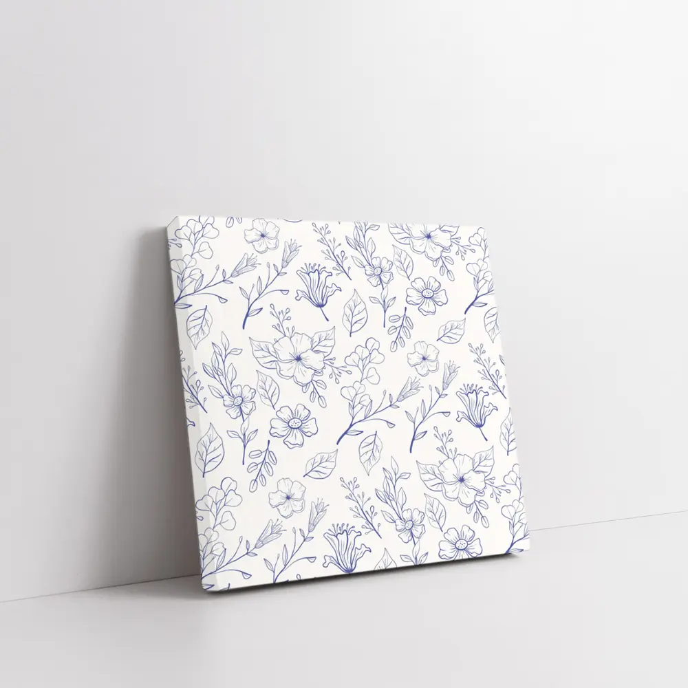Blue Line Art Floral Pattern White Background – Wall Art