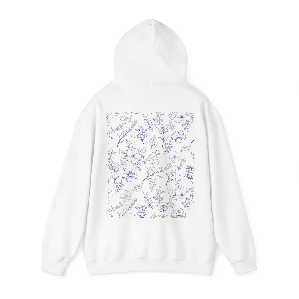Blue Line Art Floral Pattern White Background – Hoodies