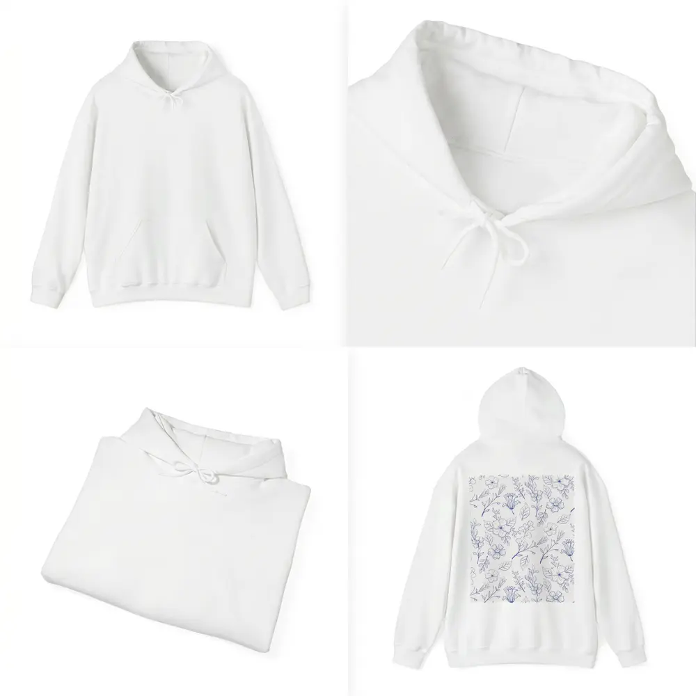 Blue Line Art Floral Pattern White Background – Hoodies