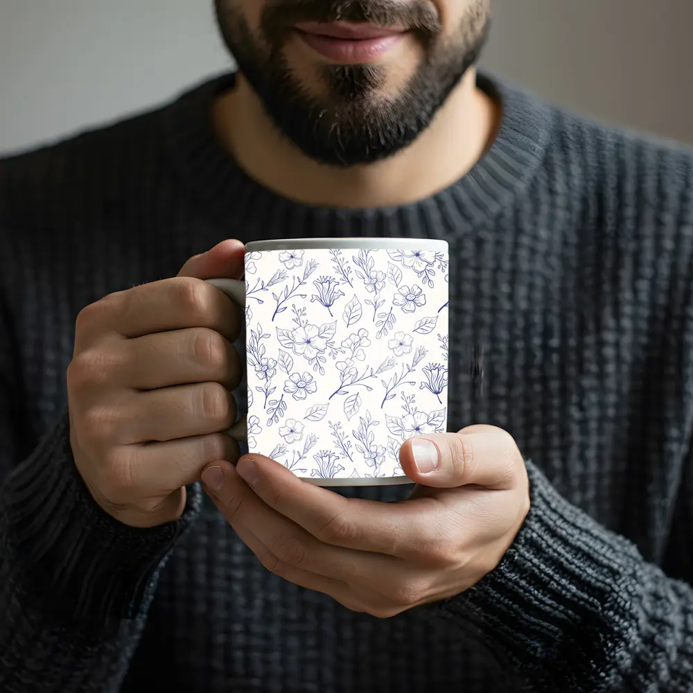 Blue Line Art Floral Pattern White Background – Mugs