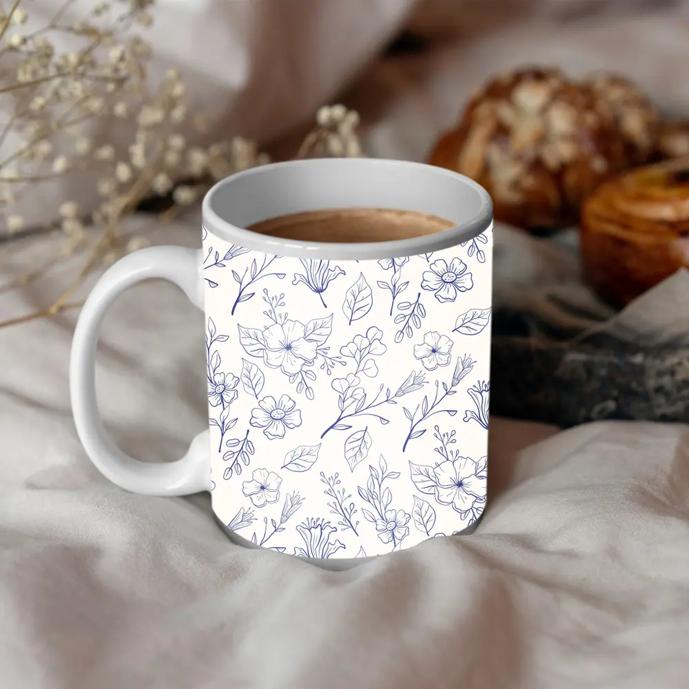 Blue Line Art Floral Pattern White Background – Mugs