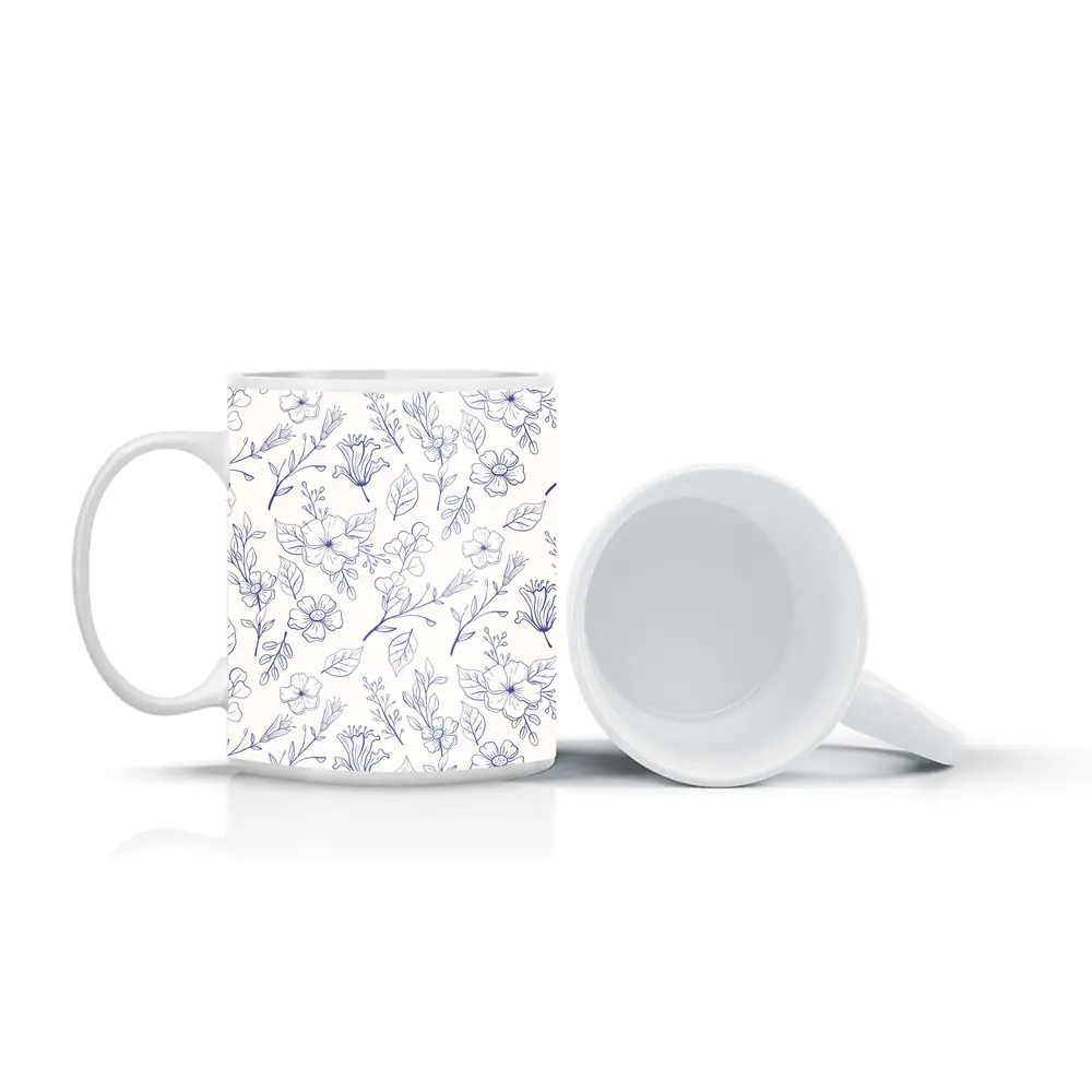 Blue Line Art Floral Pattern White Background – Mugs