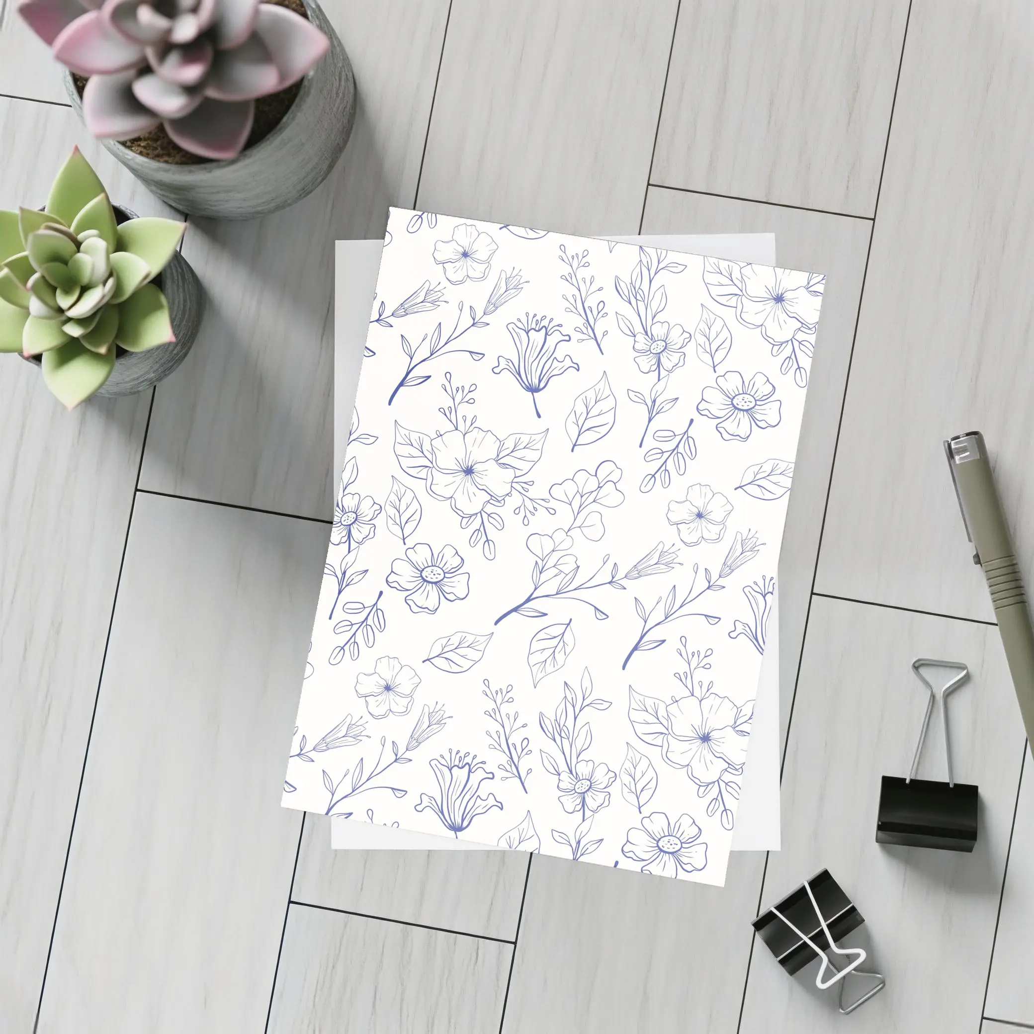 Blue Line Art Floral Pattern White Background – Postcards