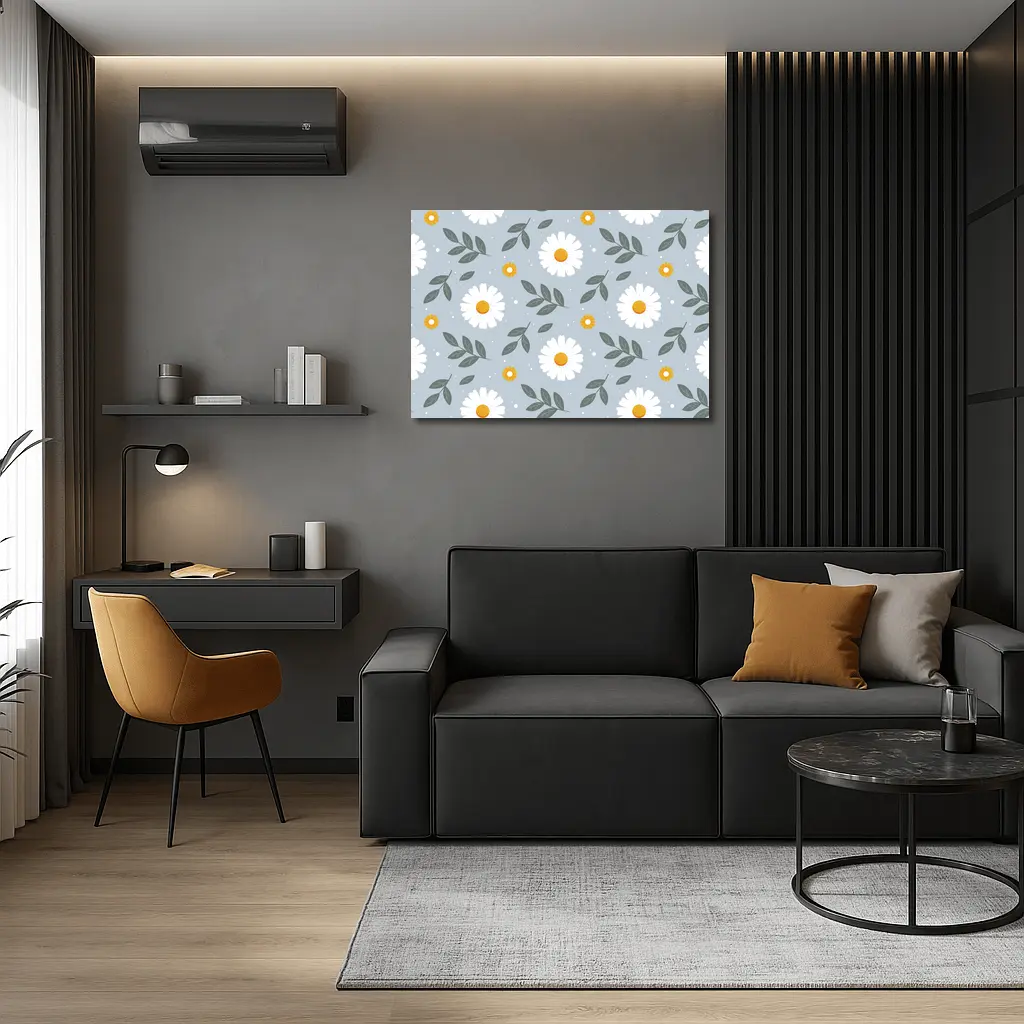 White Daisy Floral Pattern on Blue Gray – Wall Art