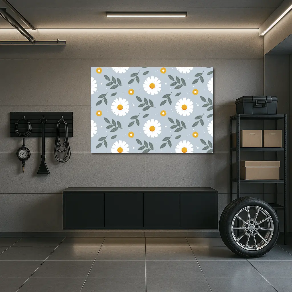 White Daisy Floral Pattern on Blue Gray – Wall Art