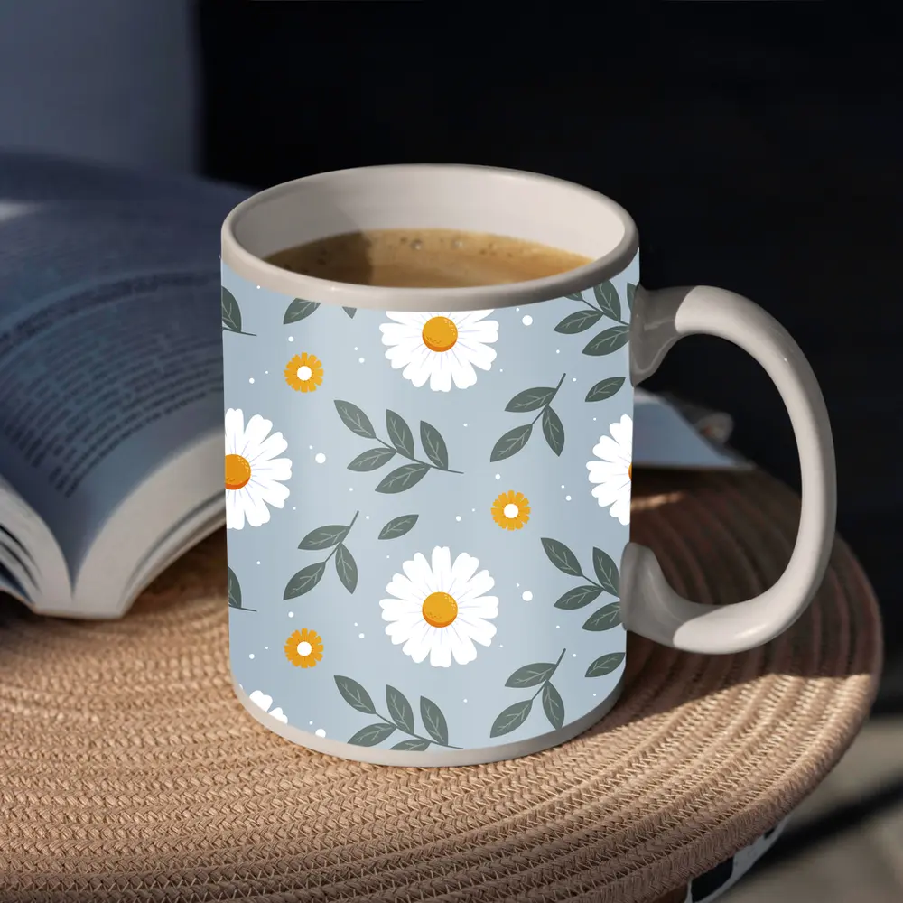 White Daisy Floral Pattern on Blue Gray – Mugs