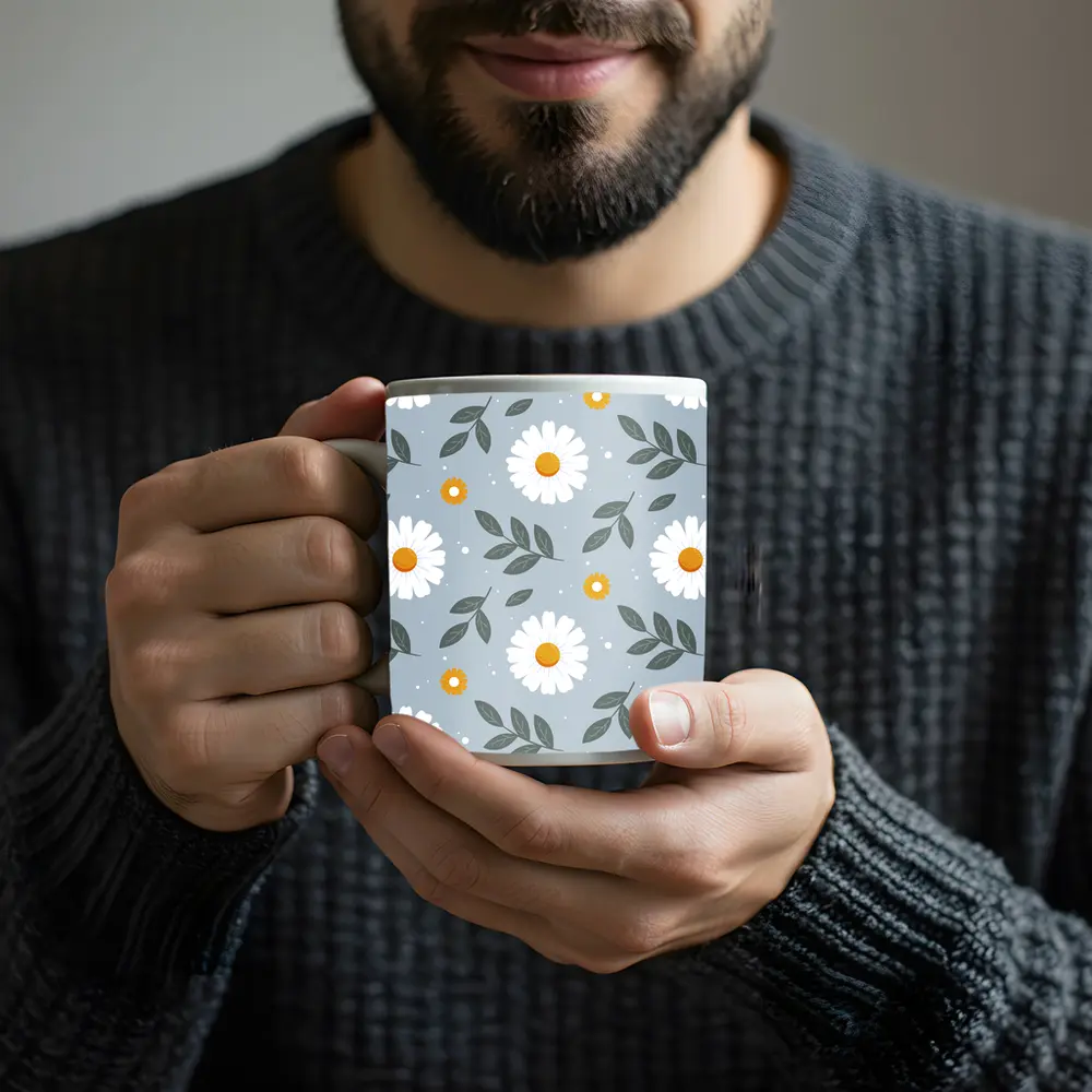 White Daisy Floral Pattern on Blue Gray – Mugs