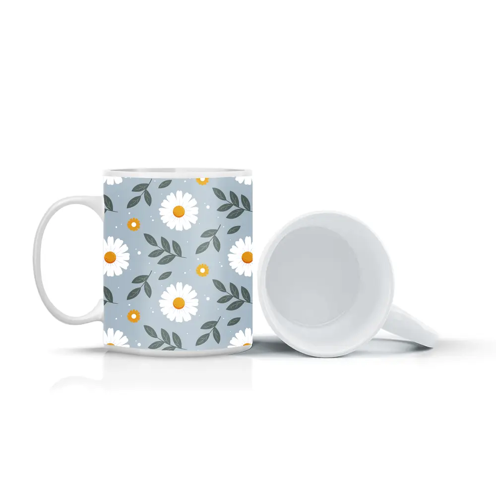 White Daisy Floral Pattern on Blue Gray – Mugs