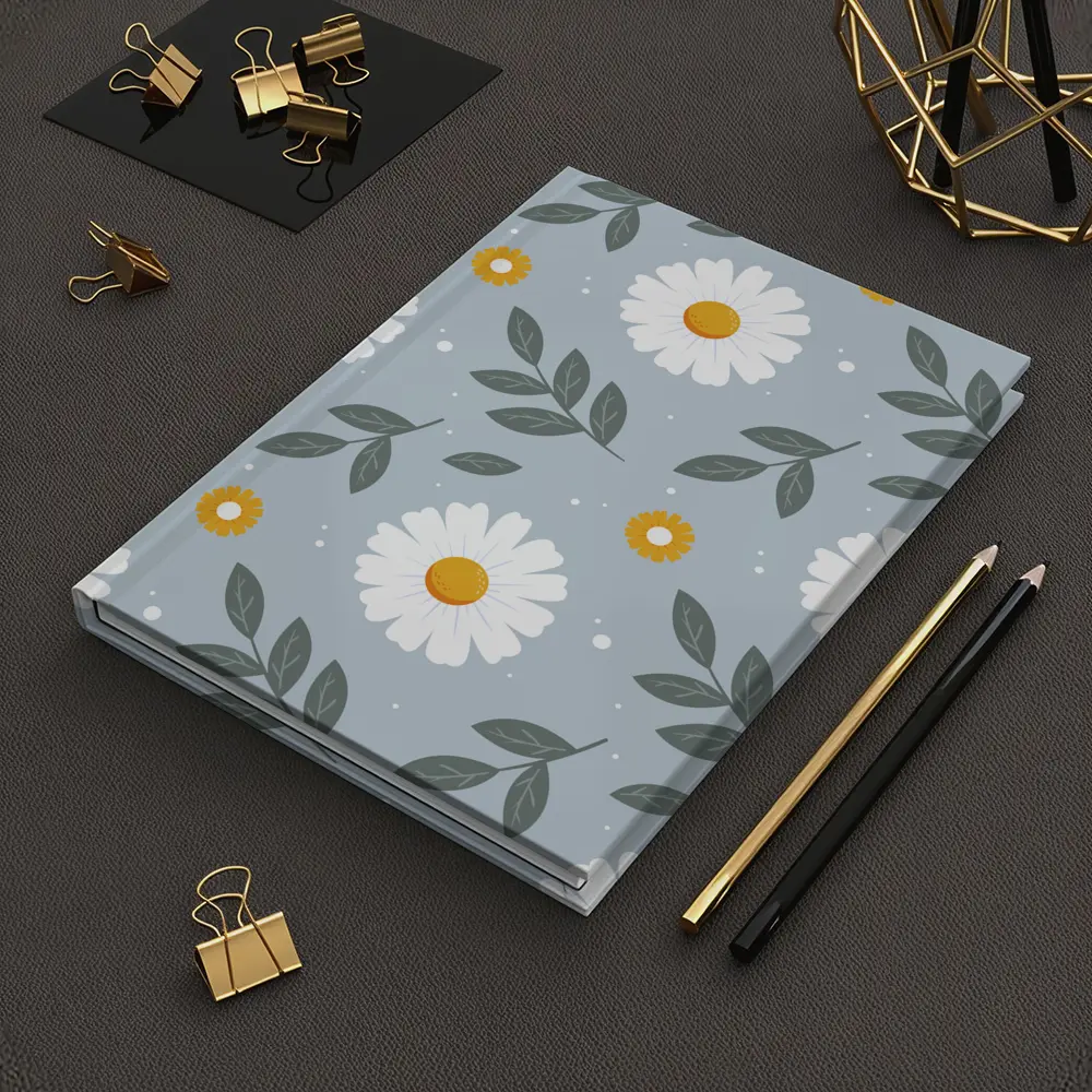 White Daisy Floral Pattern on Blue Gray – Notebooks