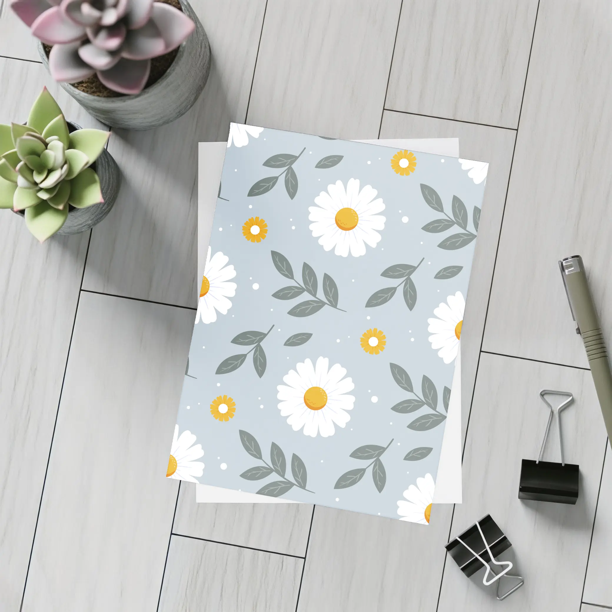 White Daisy Floral Pattern on Blue Gray – Postcards