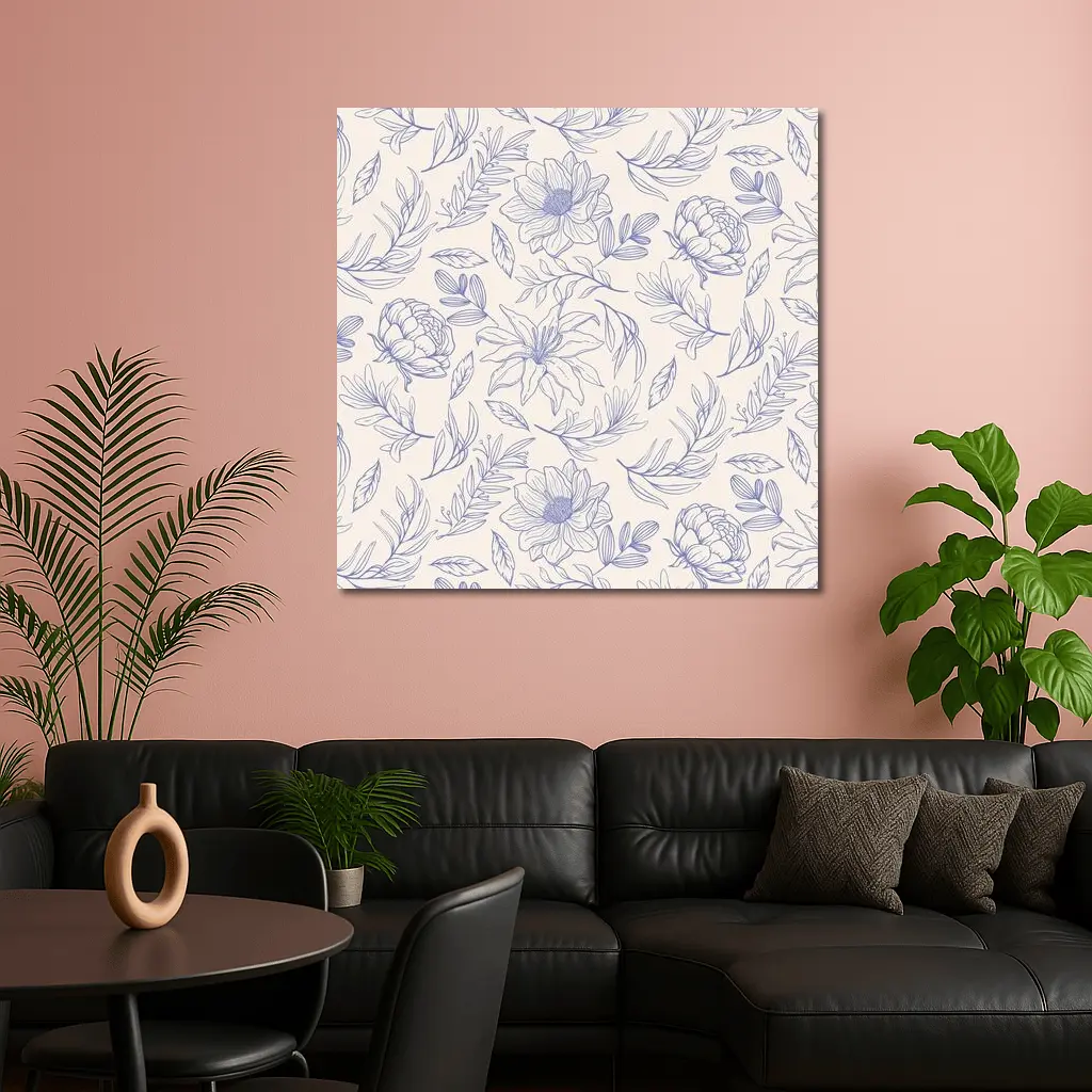 Blue Line Art Floral Pattern Beige Background – Wall Art