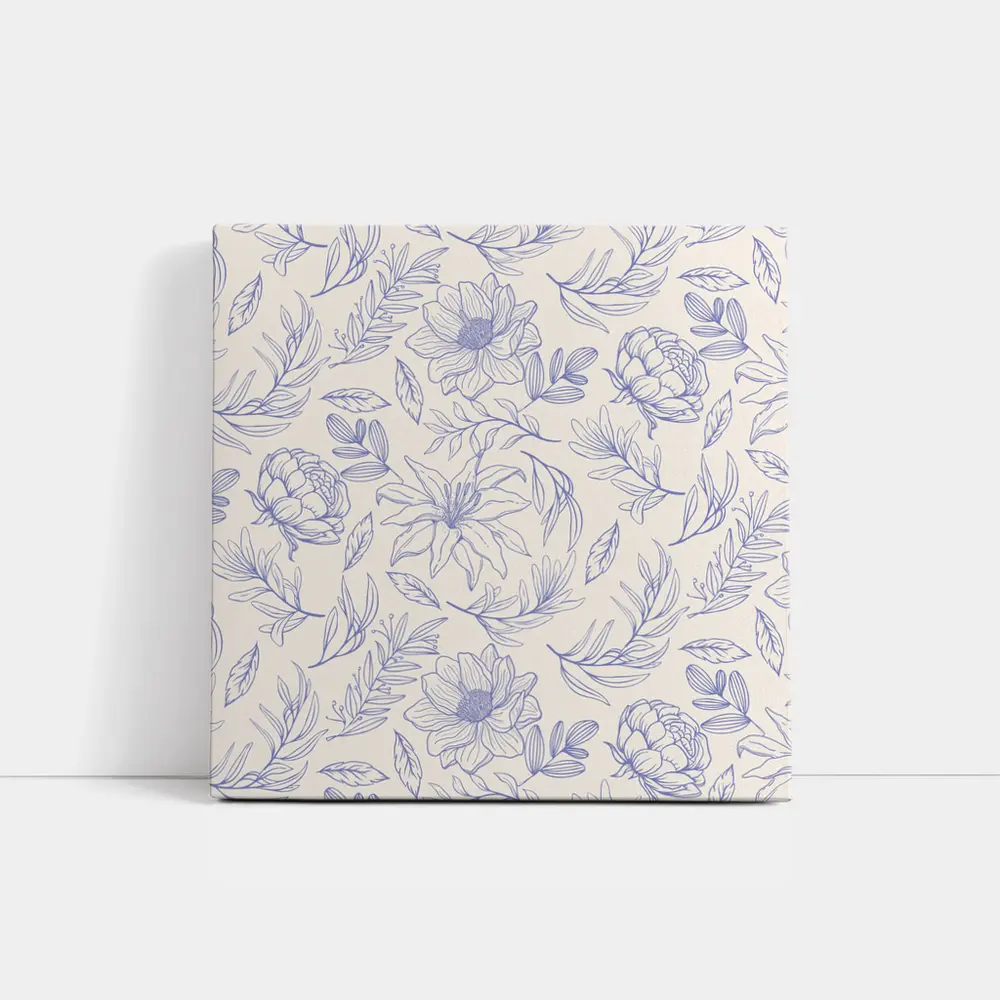 Blue Line Art Floral Pattern Beige Background – Wall Art