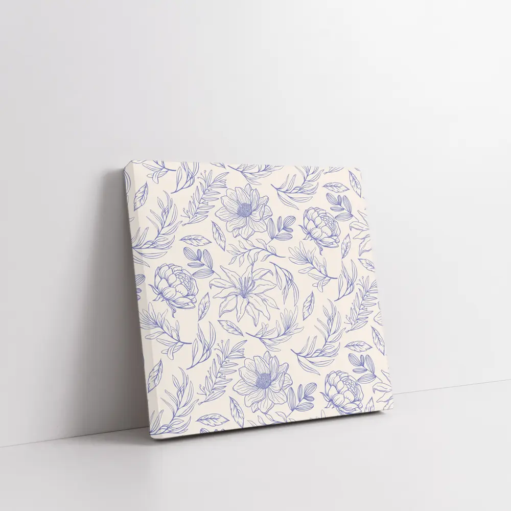 Blue Line Art Floral Pattern Beige Background – Wall Art