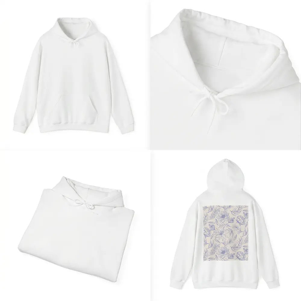 Blue Line Art Floral Pattern Beige Background – Hoodies