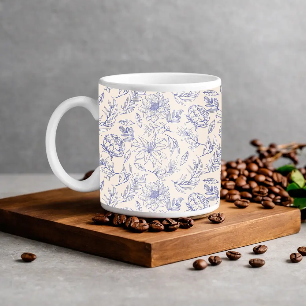 Blue Line Art Floral Pattern Beige Background – Mugs