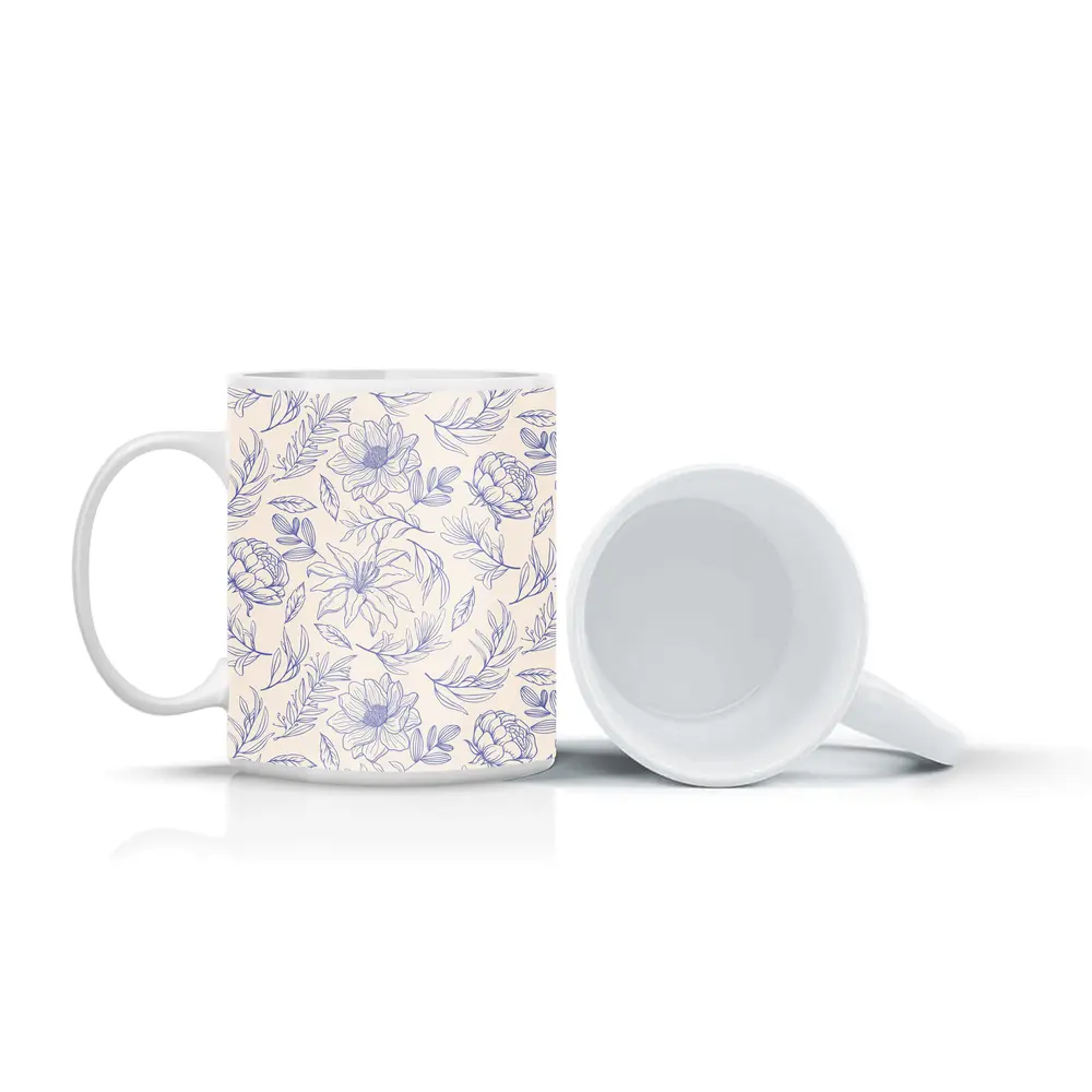 Blue Line Art Floral Pattern Beige Background – Mugs