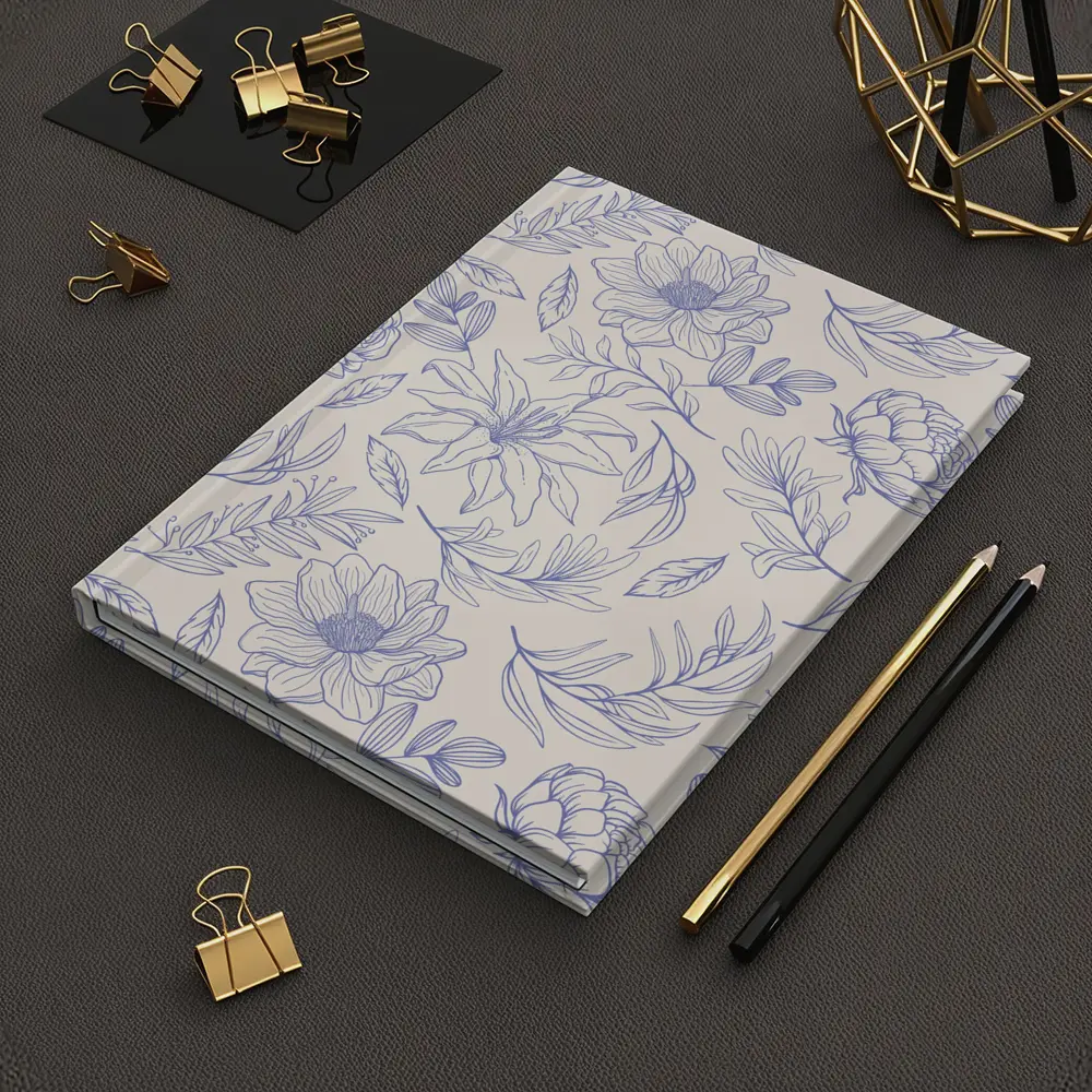 Blue Line Art Floral Pattern Beige Background – Notebooks