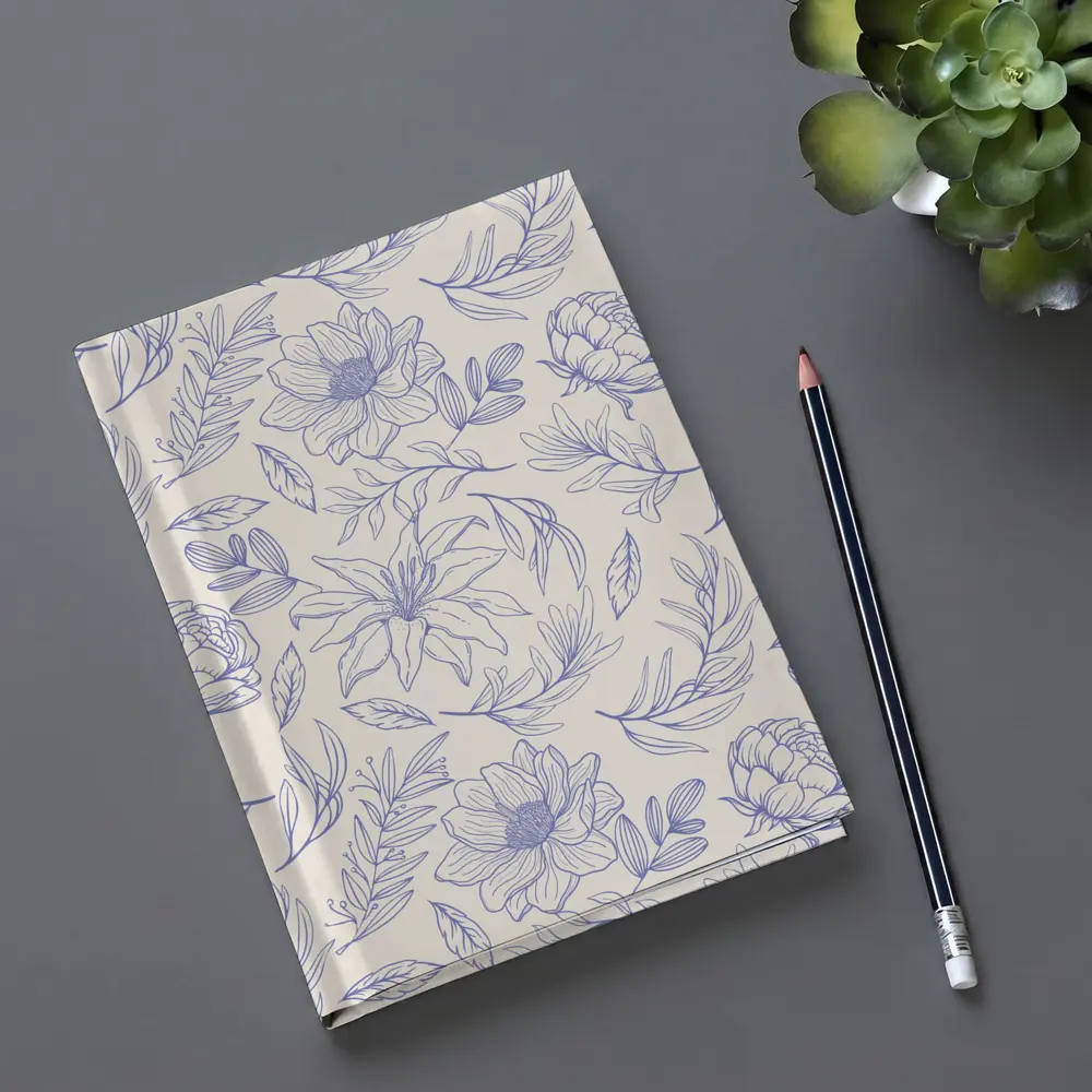 Blue Line Art Floral Pattern Beige Background – Notebooks