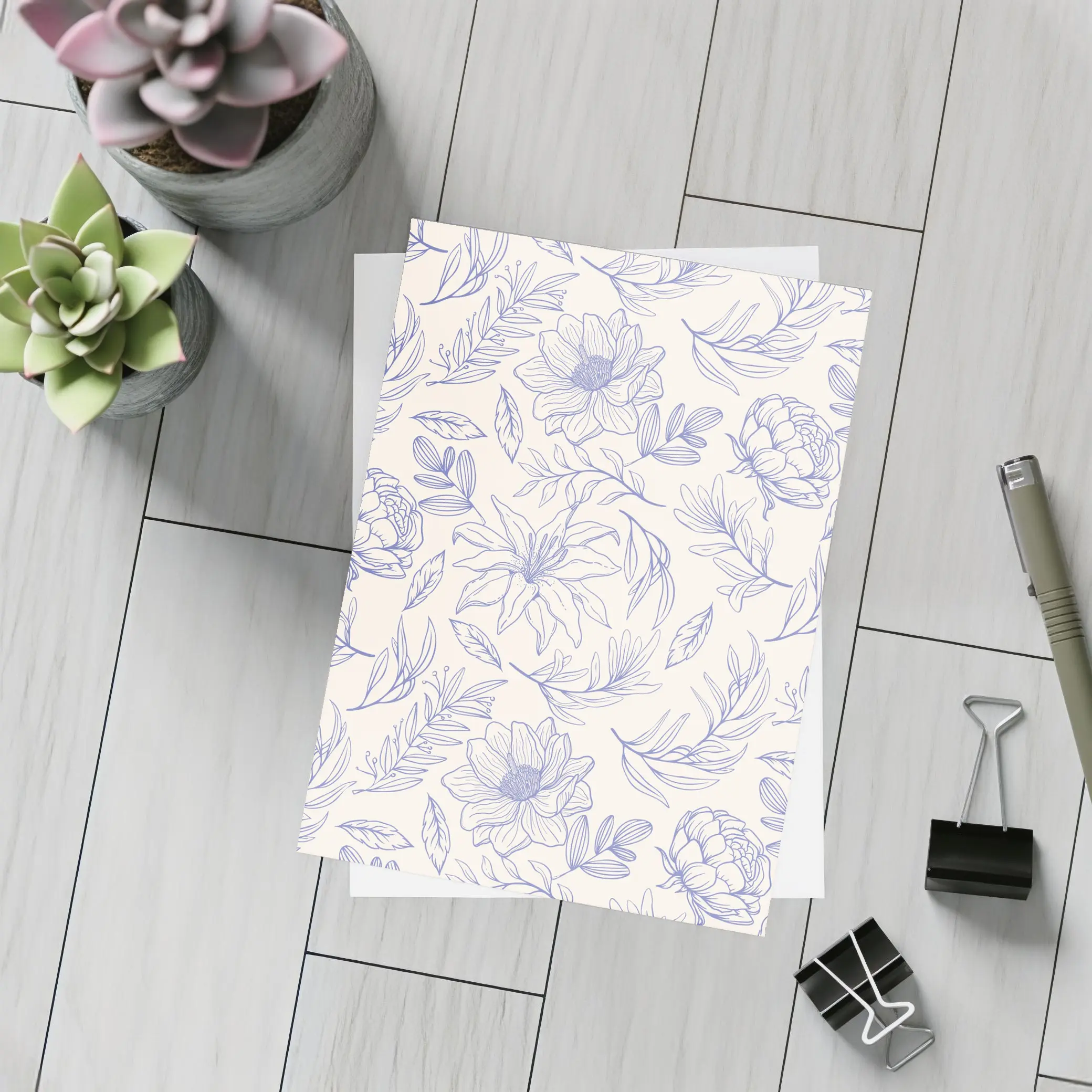 Blue Line Art Floral Pattern Beige Background – Postcards
