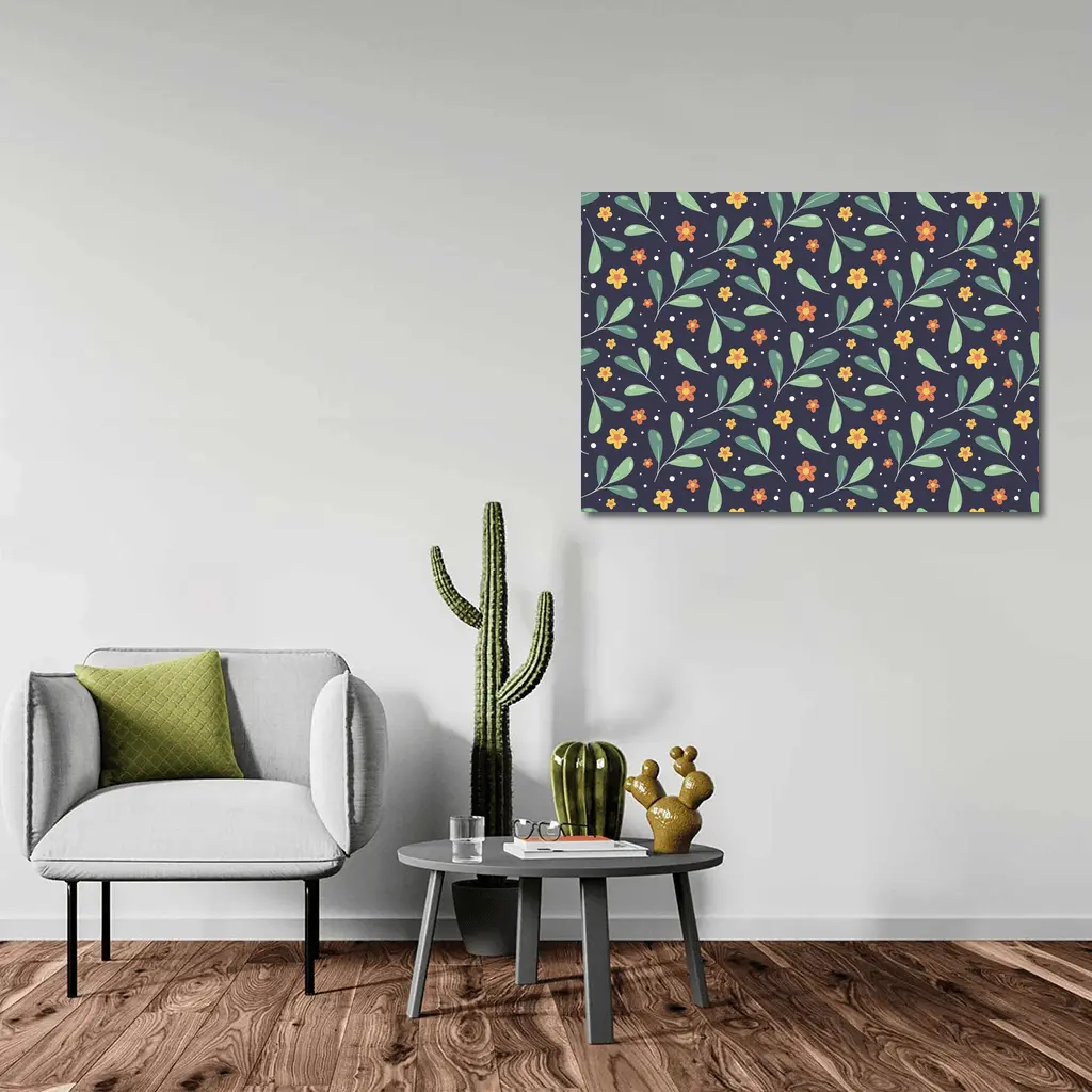 Dark Navy Floral Pattern Green Leaves Background – Wall Art