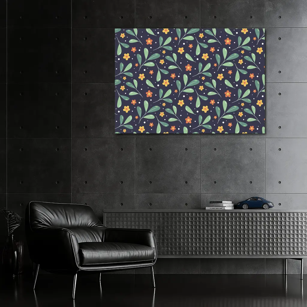 Dark Navy Floral Pattern Green Leaves Background – Wall Art