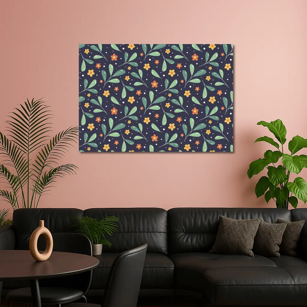 Dark Navy Floral Pattern Green Leaves Background – Wall Art