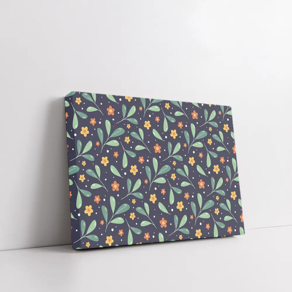 Dark Navy Floral Pattern Green Leaves Background – Wall Art