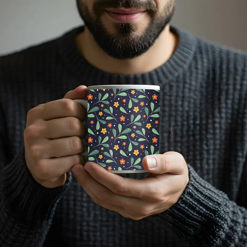 Dark Navy Floral Pattern Green Leaves Background – Mugs