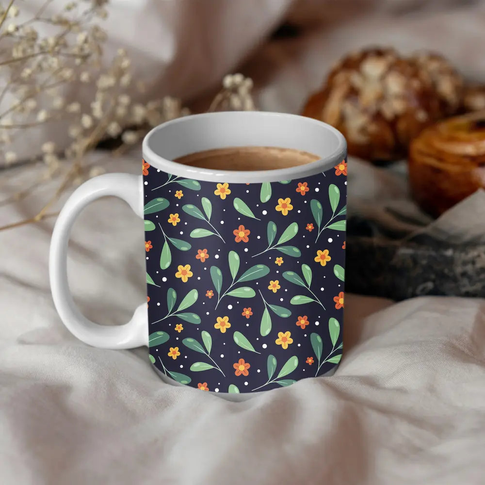Dark Navy Floral Pattern Green Leaves Background – Mugs