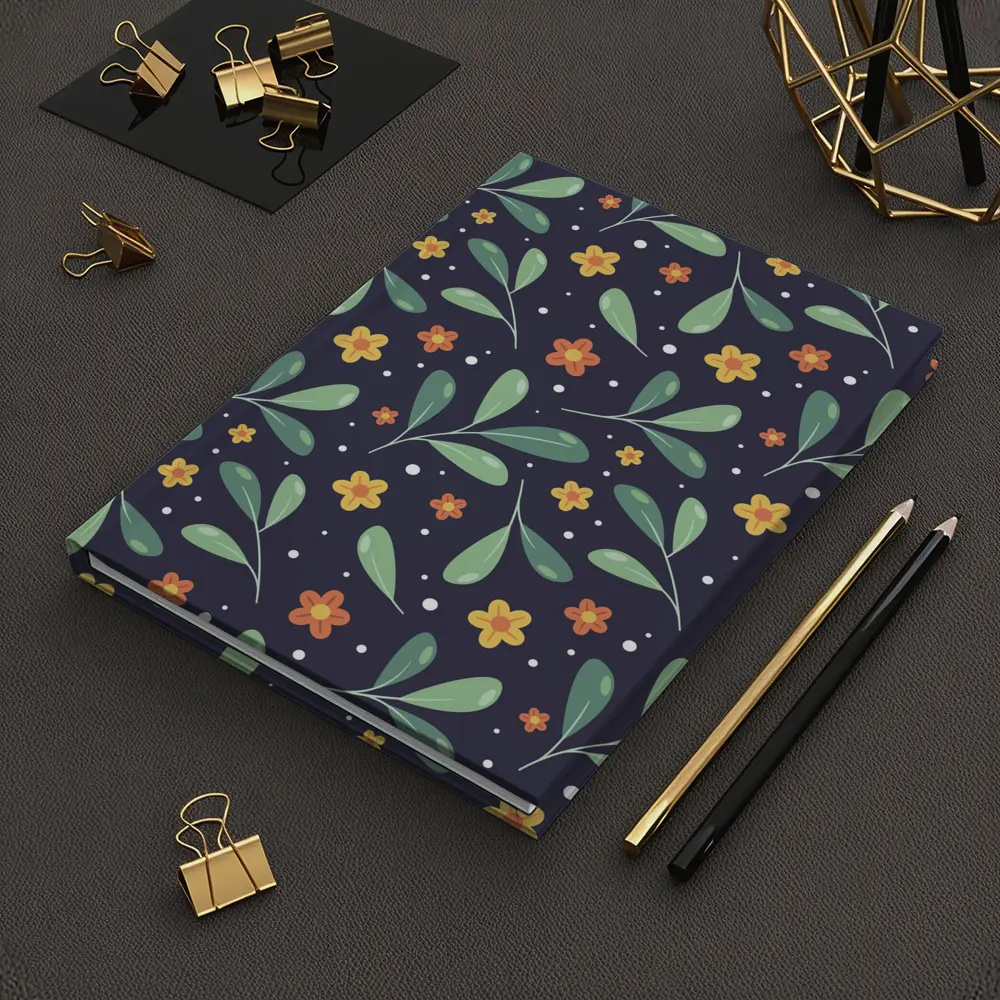 Dark Navy Floral Pattern Green Leaves Background – Notebooks